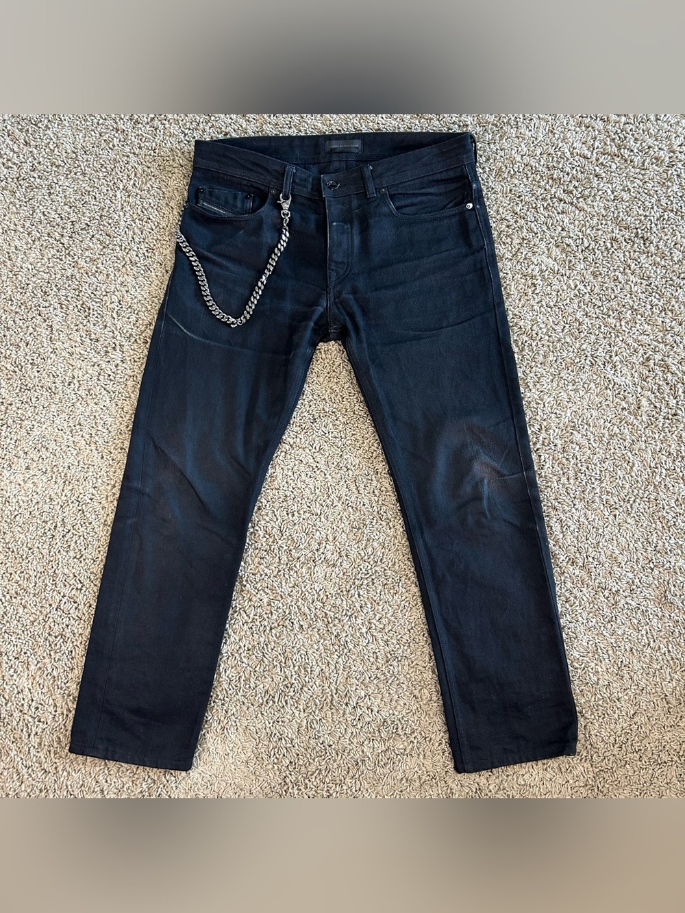Diesel Black Gold Jeans Mens 31(34x28)Black Denim Silver Chain Cow Leather Italy